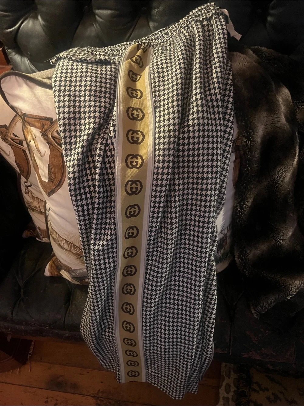 Gucci Black & White Houndstooth Joggers with Logo Side Stripe